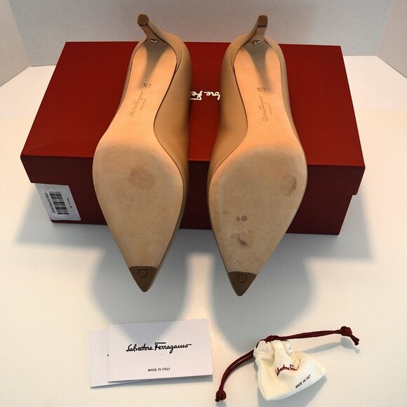 Salvatore Ferragamo Women's "ILARY 70" Beige Patent Leather Heeled Pumps - Picture 8 of 11